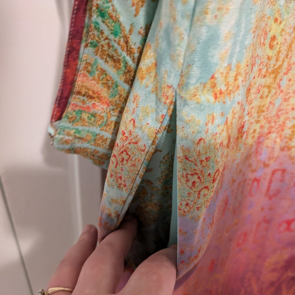 Anthropologie Maeve "Cleome" Turquoise Ombre Silk Open Sleeve Shift Dress - Picture 8 of 11